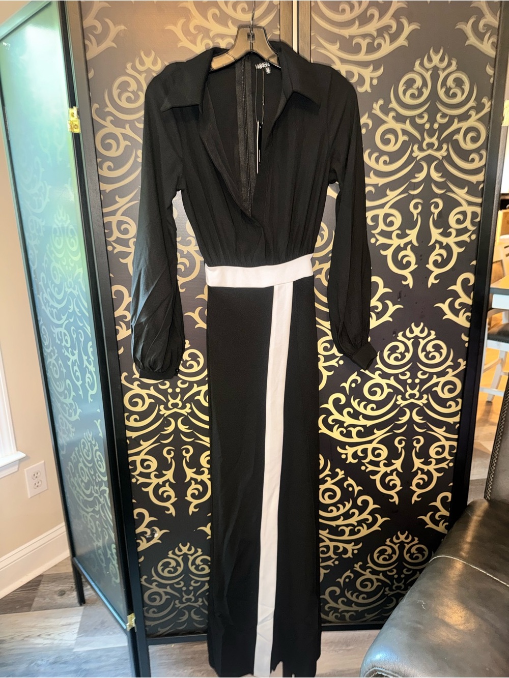 Fashion Nova Black Jumpsuit with White Vertical Stripe